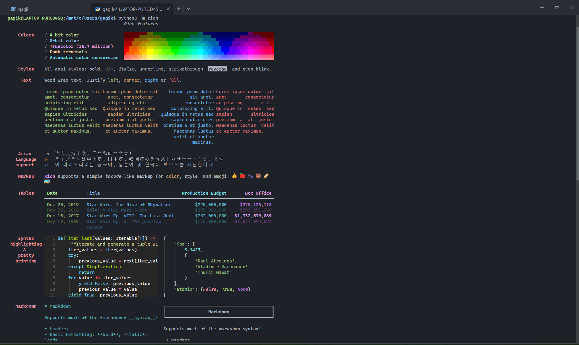 True color, text styles, and Unicode in the Rich demo