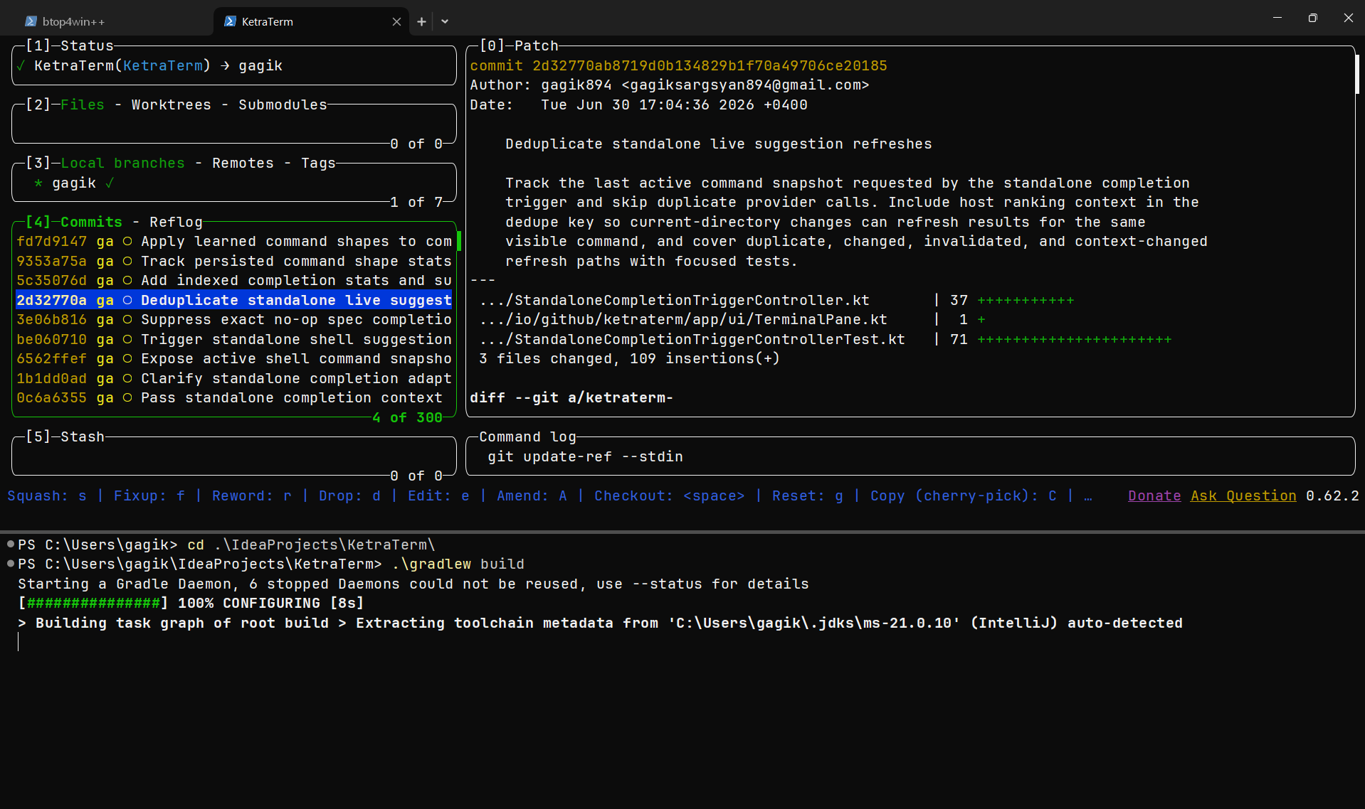 Lazygit and a build running in split panes